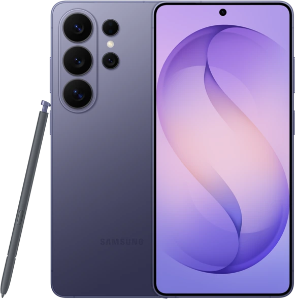 Samsung Galaxy S26 Ultra in Cobalt Violet, Vorder- und Rückseite mit S Pen – Baureihenabbildung